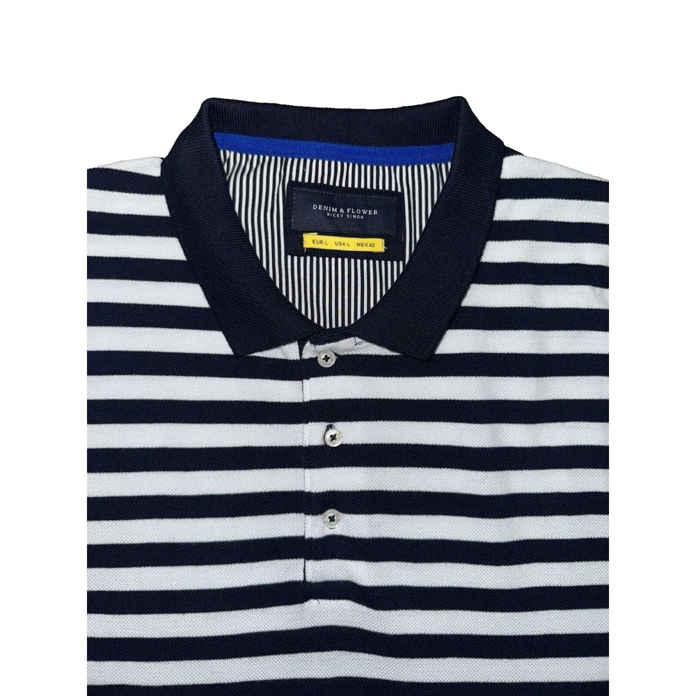 Denim & Flower Polo Collared V-Neck Shirt L Blue White Striped Short Sleeve